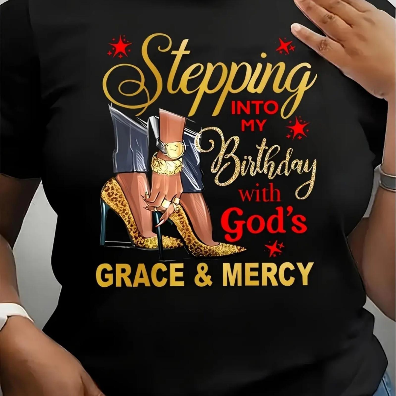 

Birthday T-Shirt with God s Grace & Mercy Print Women s Casual Crew Neck Tee Medium Stretch Geometric-Patter XXXXXL чорний