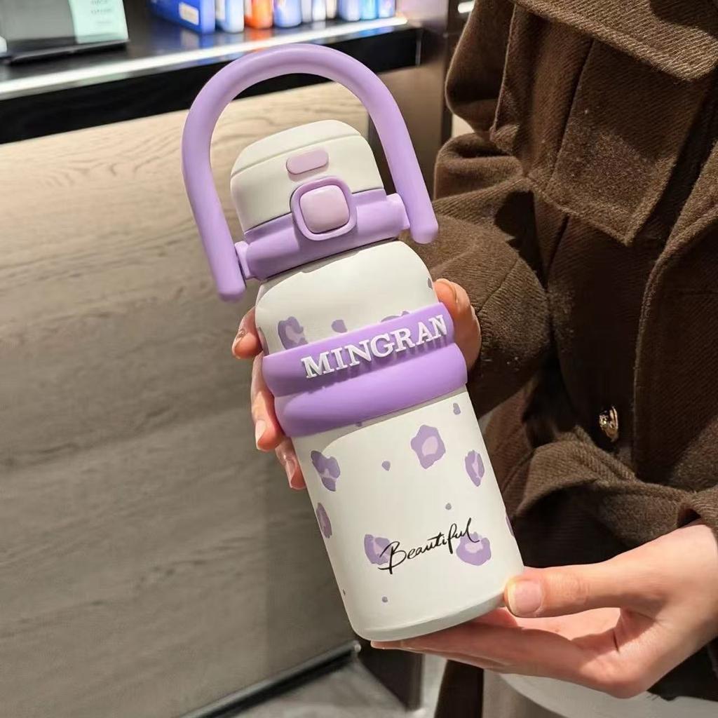 Cute Cartoon Thermal Water Bottles With Handle Insulated Cup 316 Stainless Steel Double Drinking Vacuum Flask Straw Cup 550ML