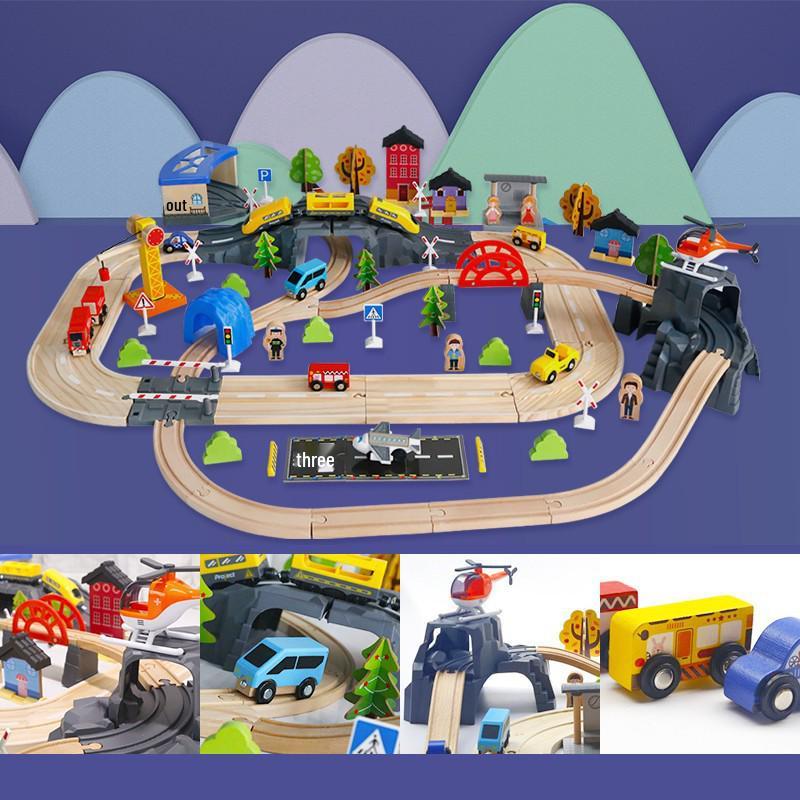 Wooden Electric Train Track & Car Building Blocks Set for Kids