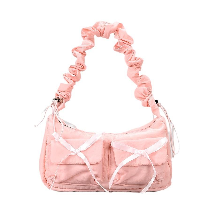 Fashion Bowknot Shoulder Crossbody Bag Women Casual Nylon Drawstring Shoulder Strap Wrinkle Handbag