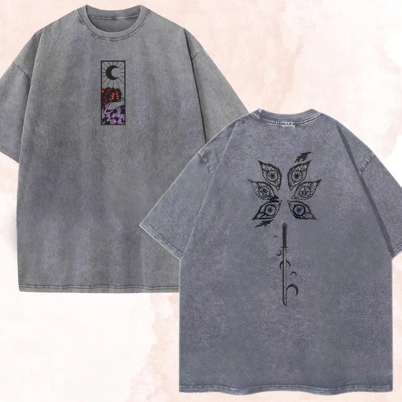 

Kokushibo Demon Slayer Anime Clothing Men Women Oversized T-shirts Short Sleeve Washed T Shirt Retro Cotton Tshirt Harajuku Tops S серый