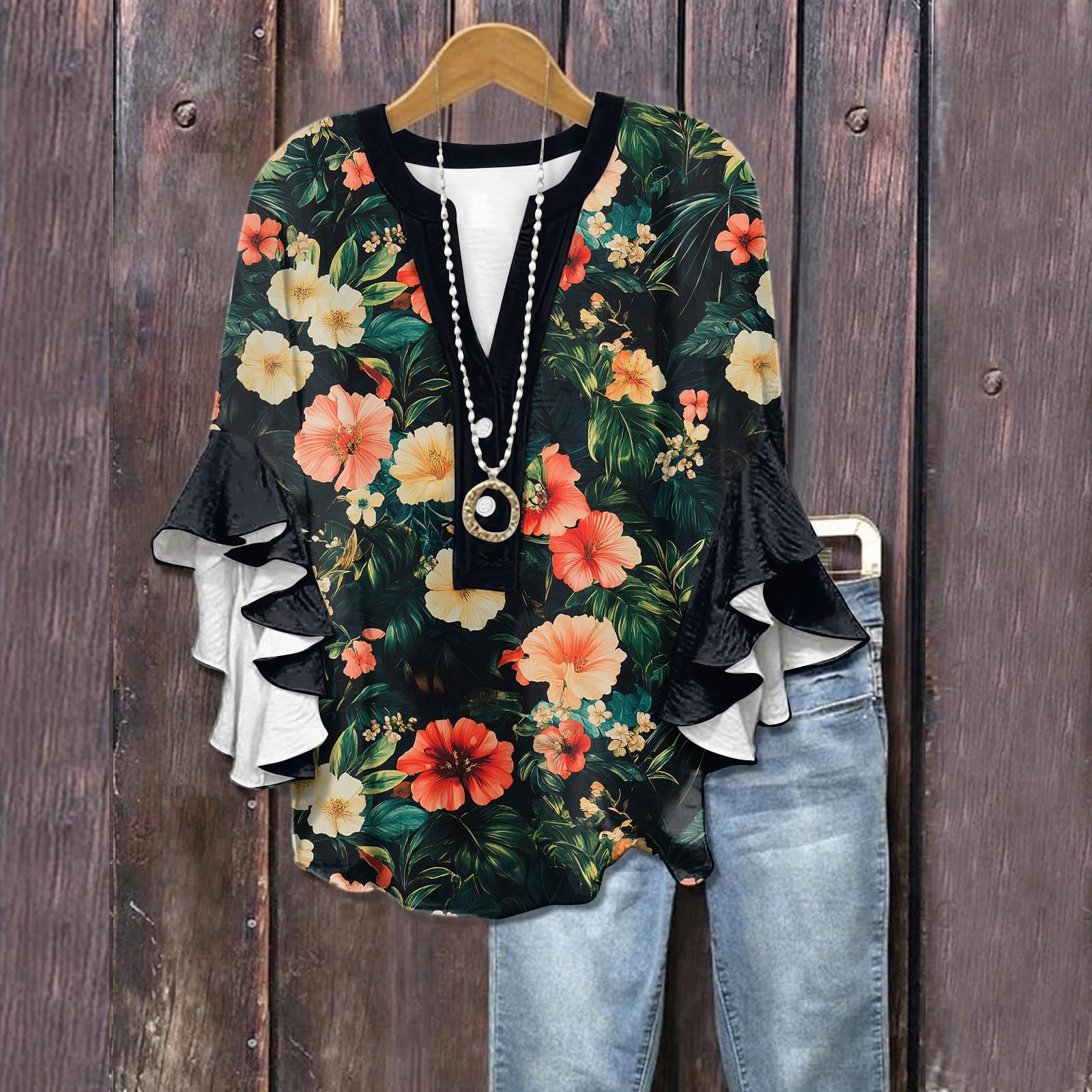 

Летние топы для женщин, симпатичные блузки с V-образным вырезом и рукавом 3/4, повседневные рубашки с цветочным принтом L