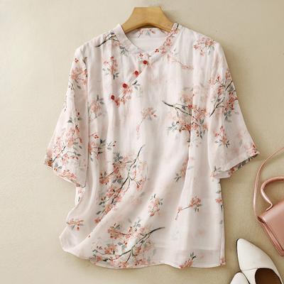 Summer Cotton Linen Chinese Style Standing Collar Print Retro Ethnic Style Shirt Top for Women Blouses & Shirts