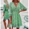 Women's Boho Floral Print Midi Dress, V Neck Short Sleeve High Waist Casual Summer Dress for Women