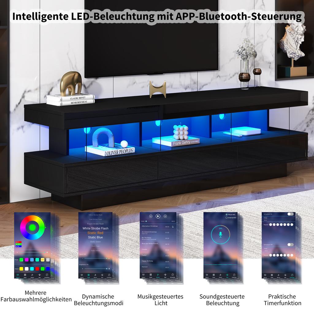 160*38*50.5 cm Black High Gloss TV Stand with 3 Glass Shelves, LED Lighting, App Control, Bluetooth Connectivity for 70-Inch TVs, Smart TV Stand