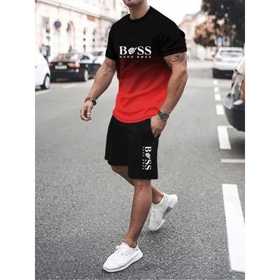 Men's 3D Printed Sports Two-Piece Set O-Neck T-Shirt Gradient Color Casual Fitness Short Sleeve Tops Shorts