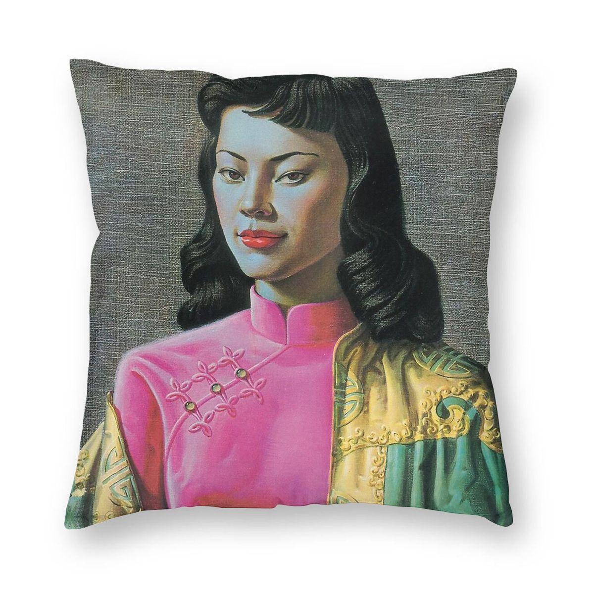 Miss Wong Vladimir Tretchikoff Square Pillowcase Polyester Linen Velvet Pattern Zip Decorative Home Cushion Cover Peach skin 18*18(CM)-1Pcs