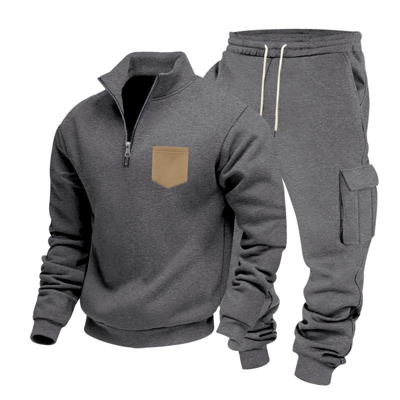 Autumn/Winter Heavyweight Men's Oversized Fleece-Lined Workwear Commuter Stand-Collar Sweatshirt & Workwear Sweatpants Two-Piece Set