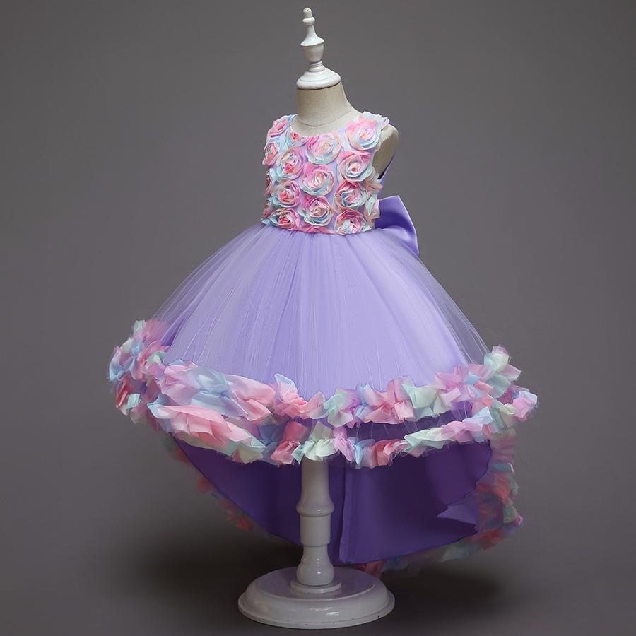 Girls Mesh Flower Runway Dress Children's Party Wedding Princess Dress with Train