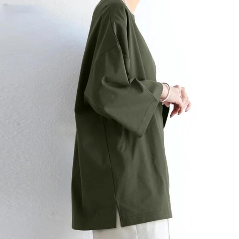 Women's 2024 Spring/Summer Solid Color Crew Neck Slit Long Sleeve Loose Top