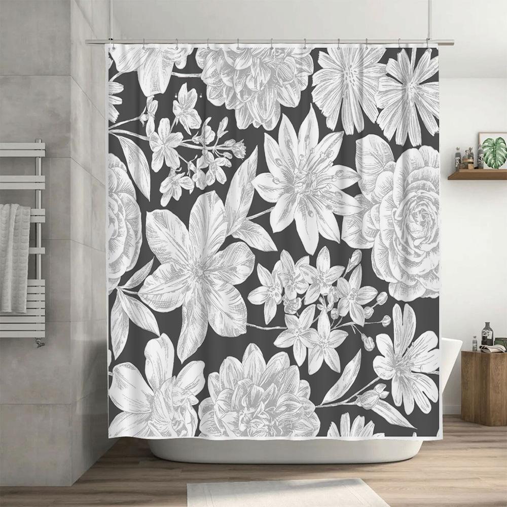 Modern Floral Print Shower Curtain Grey White Water-Resistant Fabric 72 x 84 Inches for Bathroom Decorations Free Shipping US Or