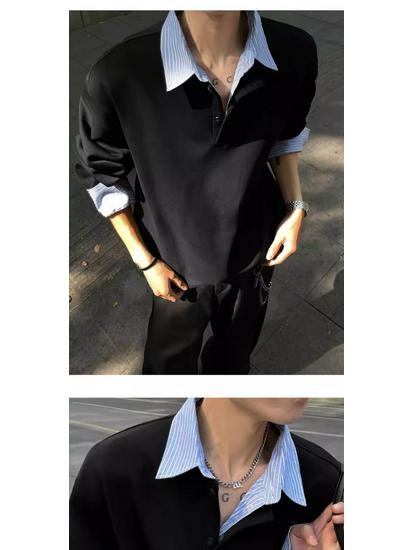 Herren Herbst Gestreiftes Patchwork Sweatshirt - Fake Zweiteiliger Kragen Langarm Streetwear Oberteil