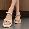 One-word sandals women's models 2025 summer new thick heels with skirts French bows and high-heeled cool slippers