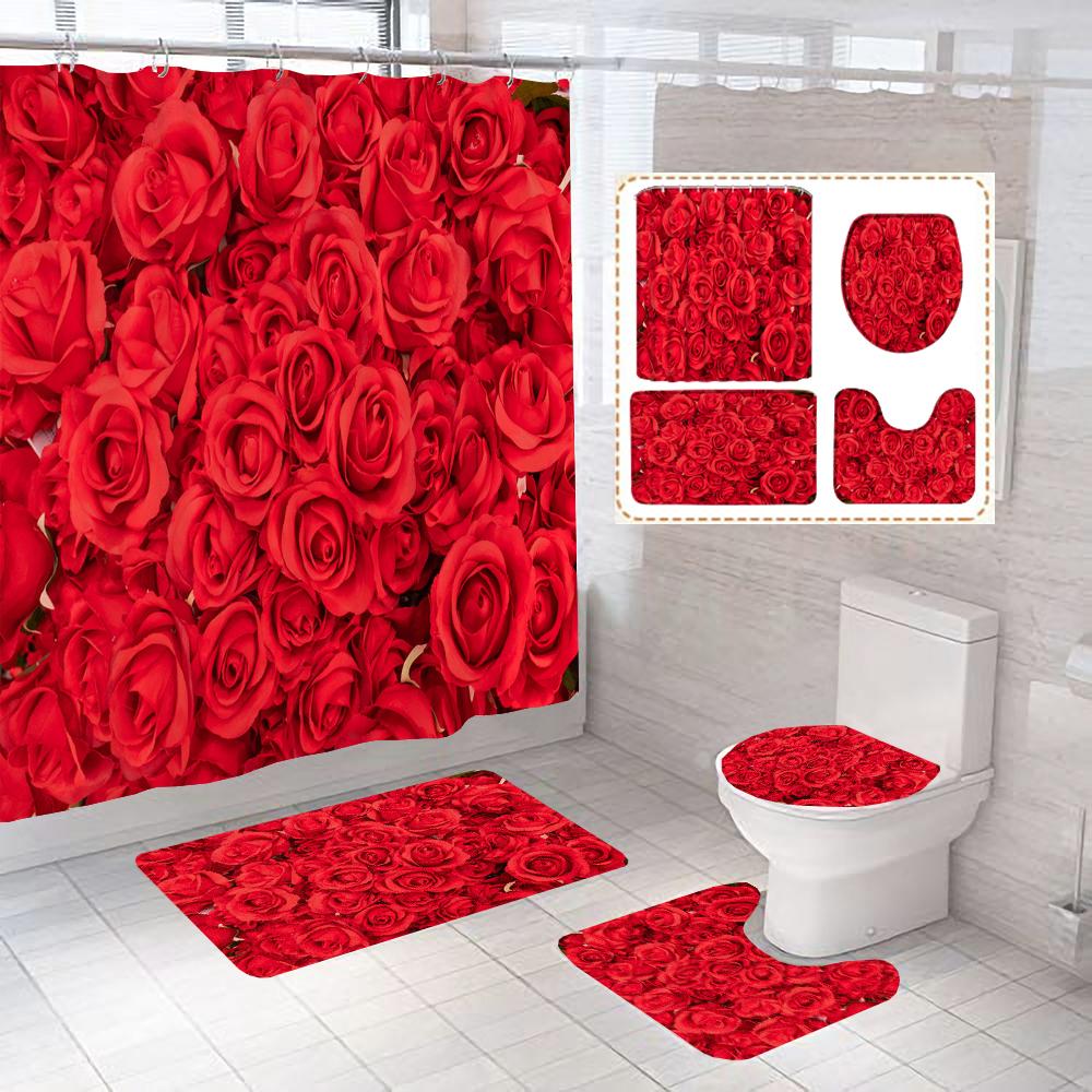 Beautiful Rose Fabric Shower Curtain Red Flowers Bathroom Curtains Pedestal Rug Toilet Lid Cover Non-Slip Carpet Bath Mats Rugs