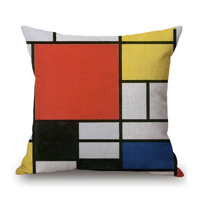 Modern Abstract Art Geomtric Lines Red Blue Yellow Piet Mondrian Oil Painting Home Decorative Pillow Case Linen Cushion Cover