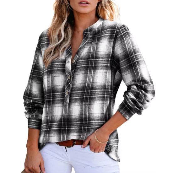 

Жіноча сорочка з V-подібним вирізом, на ґудзиках, з напівпланкою, з довгим рукавом, пуловер, топ, клітчастий візерунок, повсякденний, класичний крій, офісна сорочка для леді S чорний