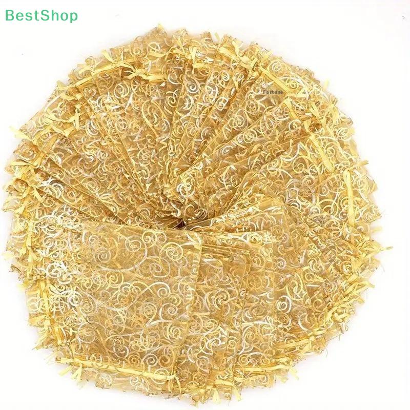 Gift Jewelry Candy Packaging Bag With Gold And Silver Foil,Vine Pattern,Organza Bag With Gold Foil,Drawstring Bag