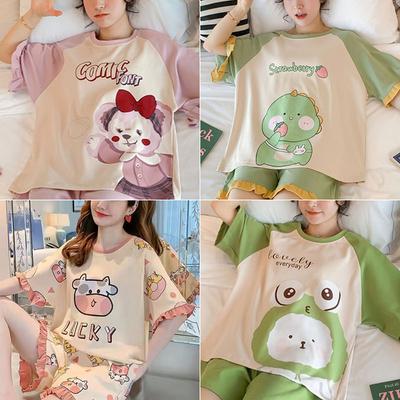 2PCS/Set Pajamas Ladies Short-Sleeved Loose Version Students Princess Style Strawberry Dinosaur Kawaii Cute Homewear