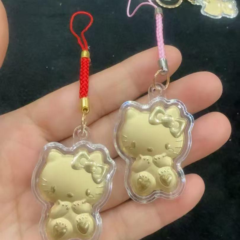 999 Pure Gold Kiki Lucky Cat Cartoon Mobile Sticker & Keychain Pendant Gift