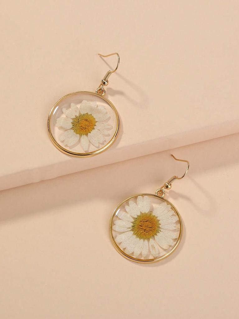 1Pair White Daisy Floral Pattern Drop Earrings, Bohemian Style Dried Flower Round Circle Dangle Sunflower Pressed Earrings