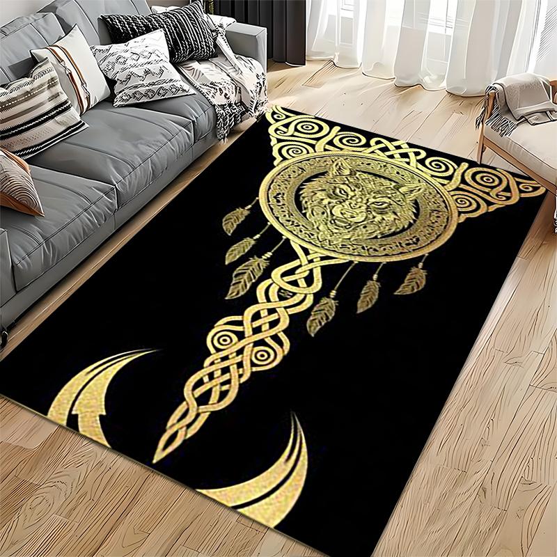 Spiritual Area Rug, Celtic Wolf Dreamcatcher Gold Moon Poster, Living Room Decor, Non-Slip Mat