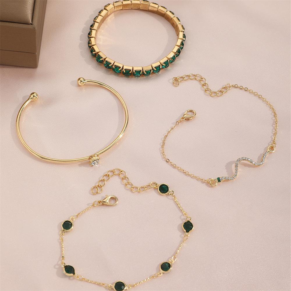Stylish European & American Green Diamond Snake Bangles: 4-Piece Women's Elegant Metal Bracelet Set