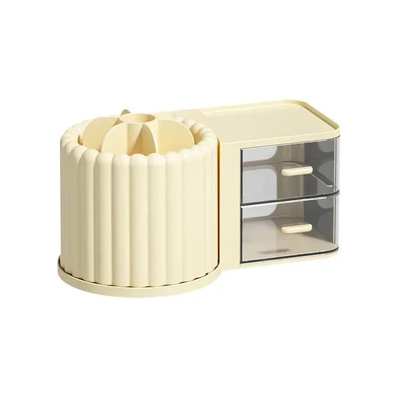 2 in 1 Creative Rotating 360° Pen Holder with Cosmetic Storage Box Student Storage Box Pen Holder Shelf  Makeup Organizers