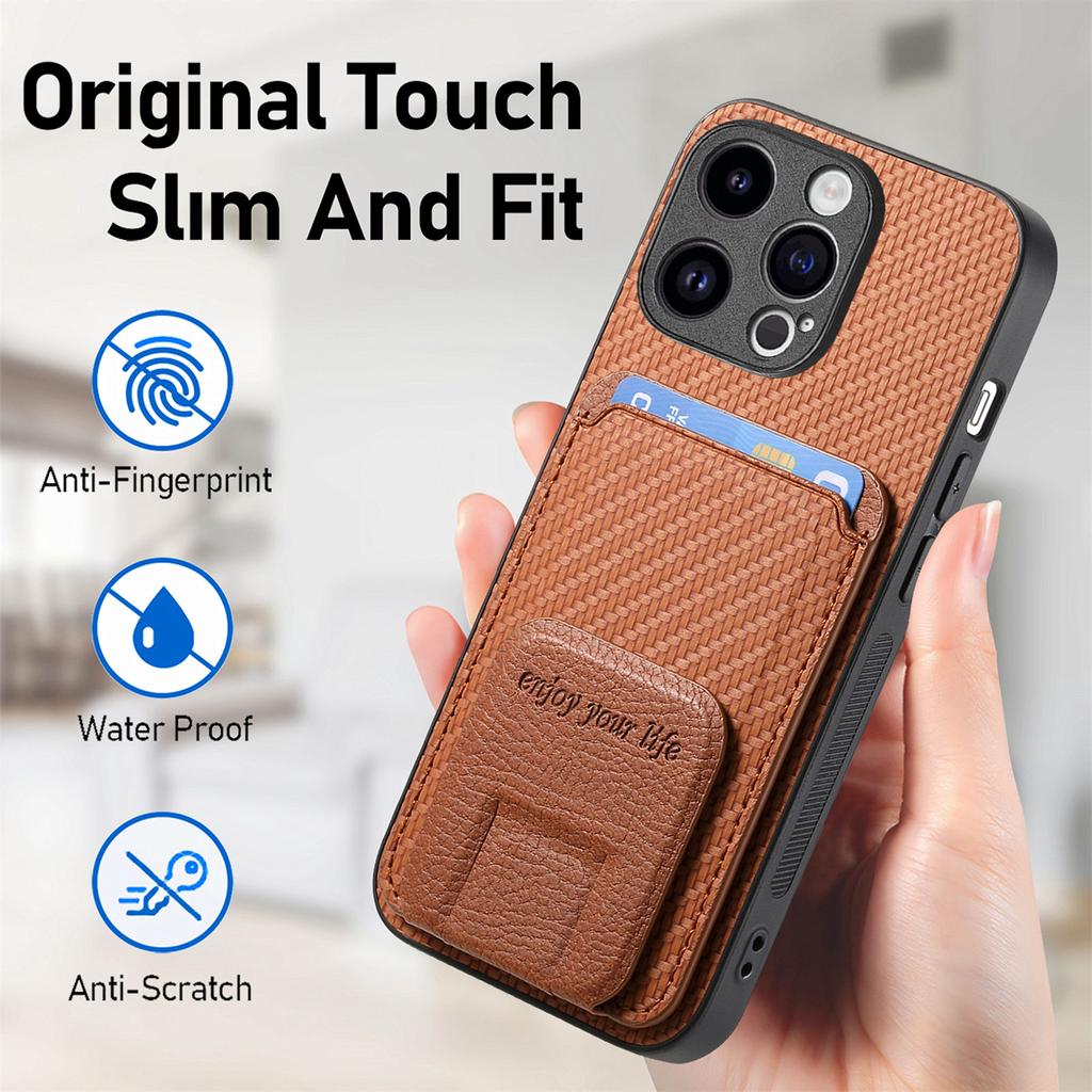 Foldable Bracket Carbon Fibre Vertical Cards Bag Case for iPhone 15 Pro Max 14 Plus 13 12 Mini 11 X XS 7 8 SE 2022 Pocket Cover