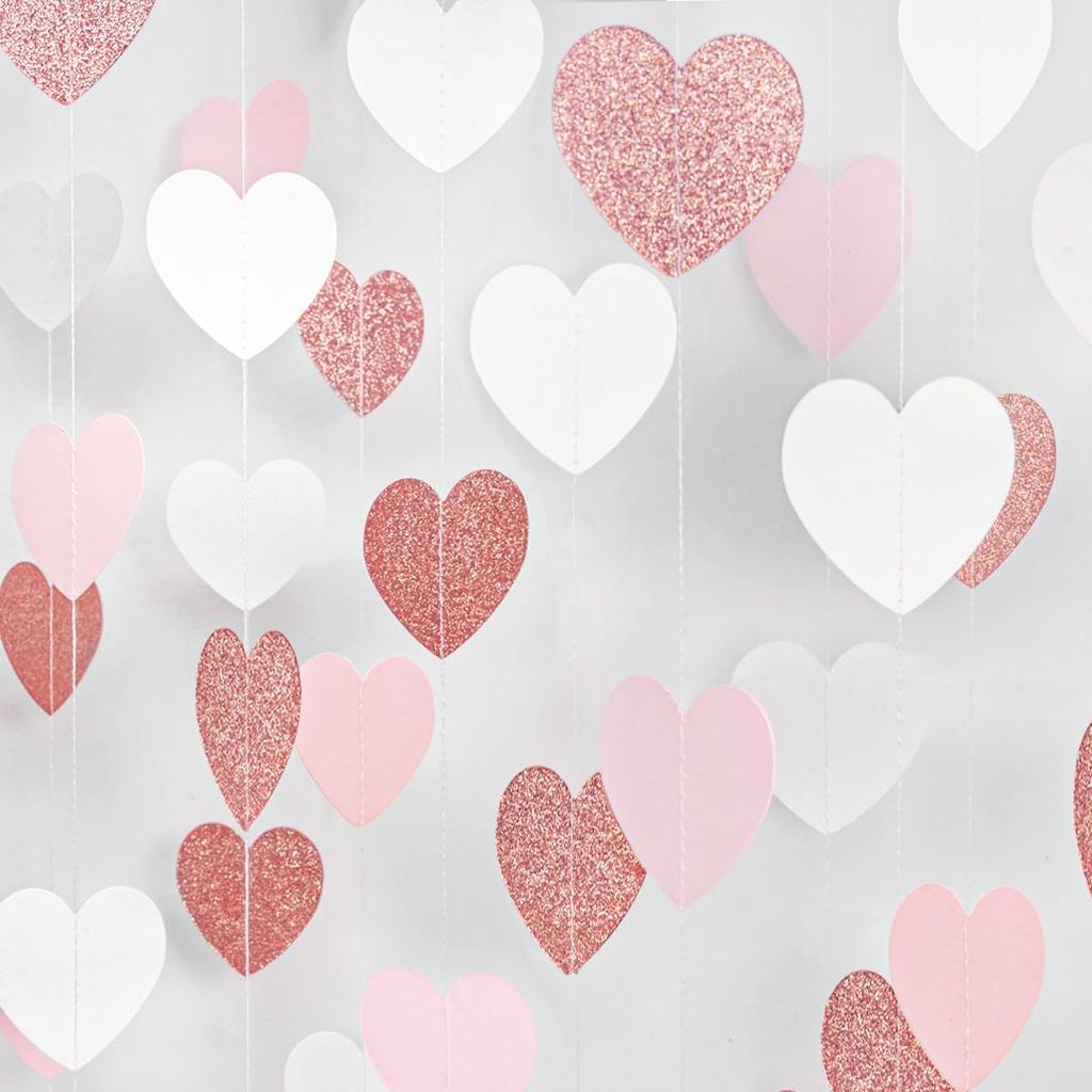 Rose-Gold Pink Burgundy Valentines Decorations - Paper Heart Garland 52ft Hanging Streamer Banner Engagement Mothers Day Wedding Anniversary Bridal