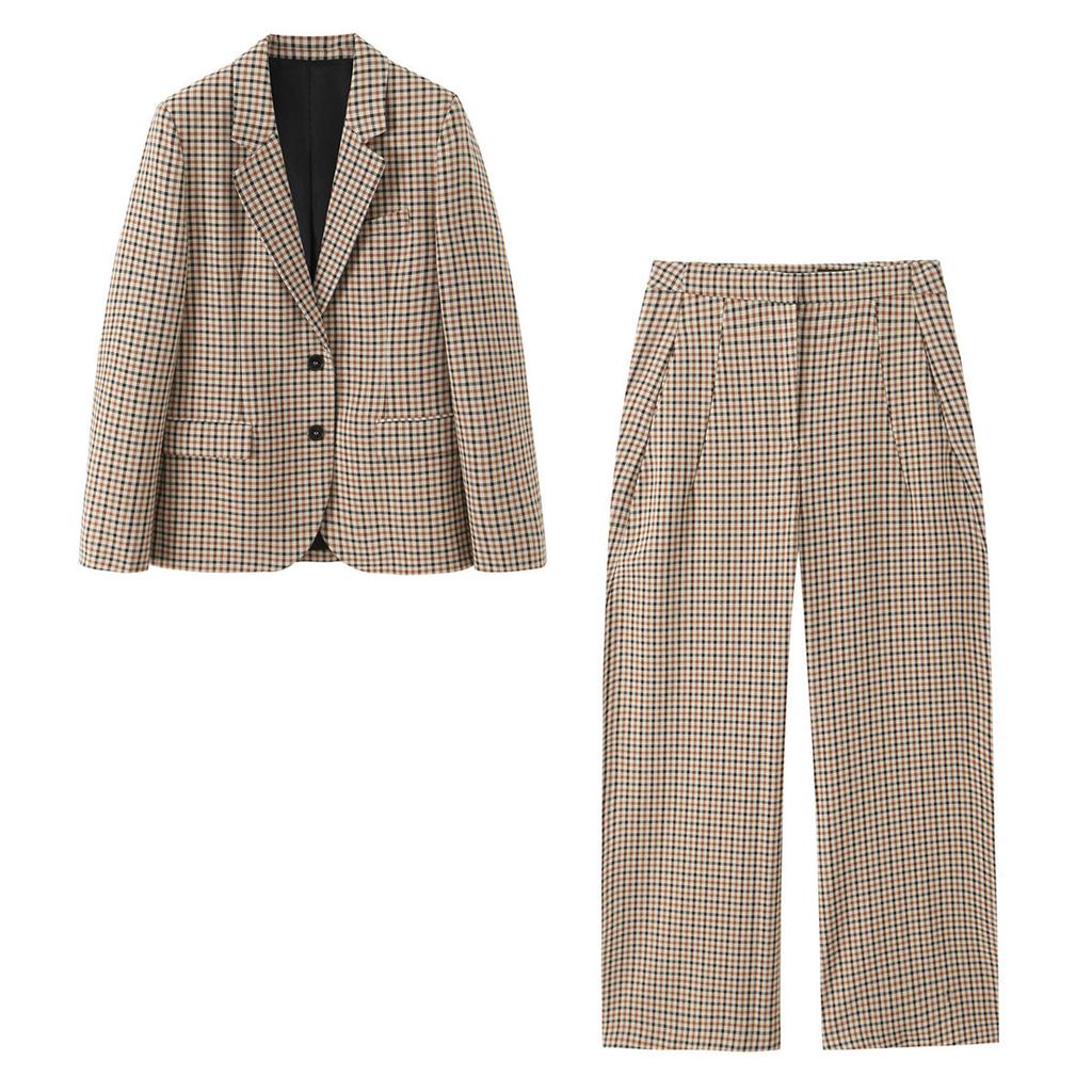 European and American style French women's clothing fashion versatile temperament plaid straight-cut blazer + pants