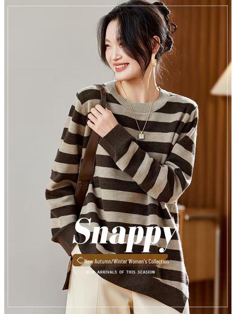 2025 Autumn/Winter Women's Loose Striped Wool Sweater - Round Neck, Straight Shoulder Comfy Knitwear