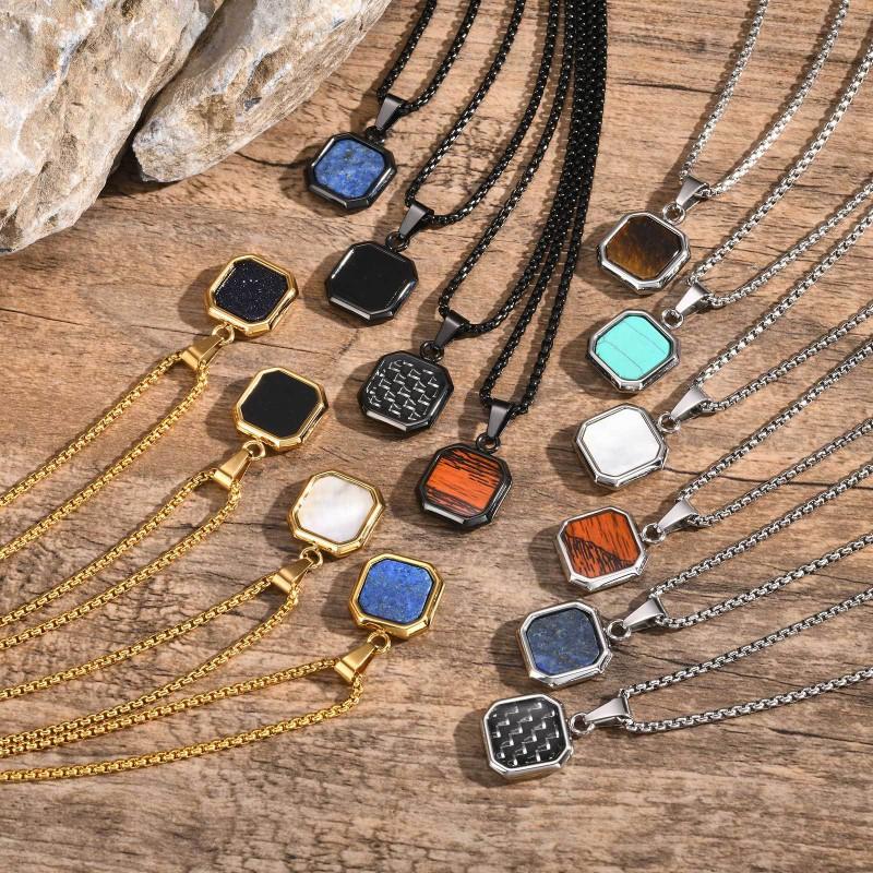 Stainless Steel Square Pendant Necklace Men Long Chain Layered Hip Hop Jewelry Geometric Titanium