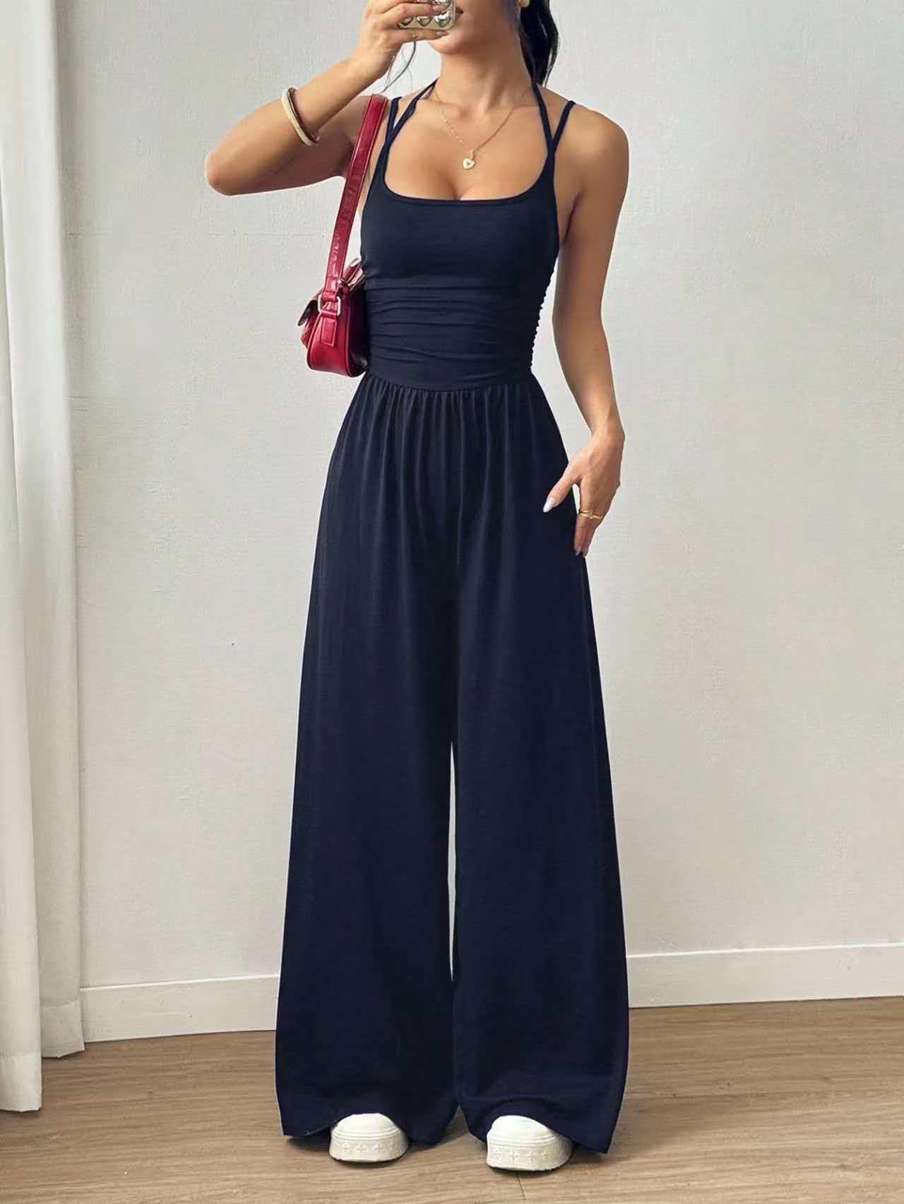 

Women s Spring/Summer Solid Color Fashion Casual Bandeau Strappy Wide-Leg Jumpsuit Extra Large темно-синий