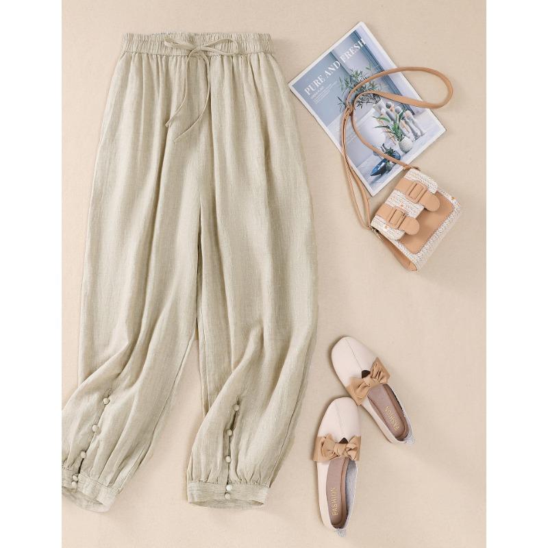Summer new literary loose solid color cotton and linen elastic waist Harlan pants nine-point pants women's casual pants