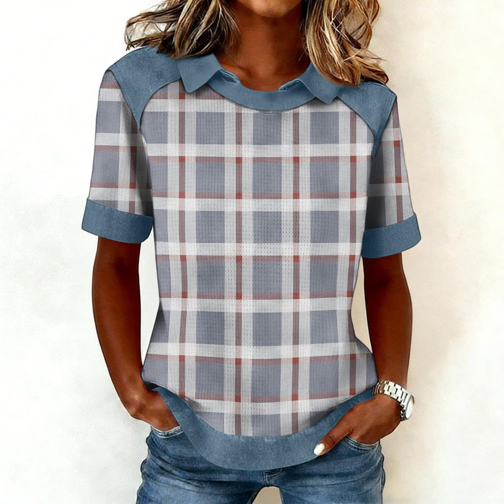 Women's Fashion Collar Cowboy Splicing Sweatshirt Casual Printed Hoodie Short Sleeve Shirt Top