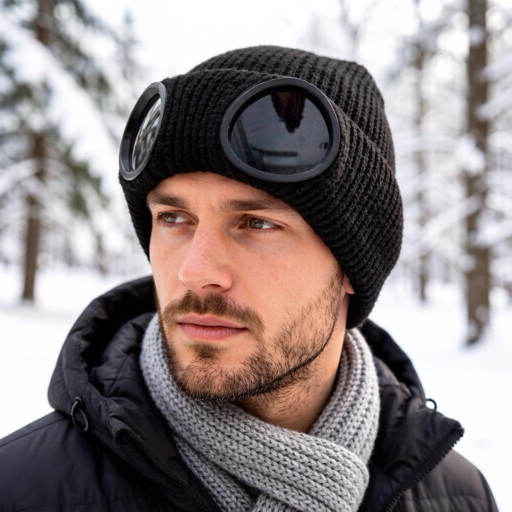 Men's Trendy Windproof Knit Pilot Hat with Goggles - Versatile & Warm for Autumn and Winter