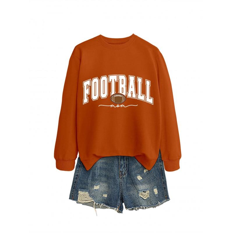 Womens Casual Round Neck Long Sleeve Cotton Sweatshirt With Football Mom Print - Loose Fit Plus Size S-XXL