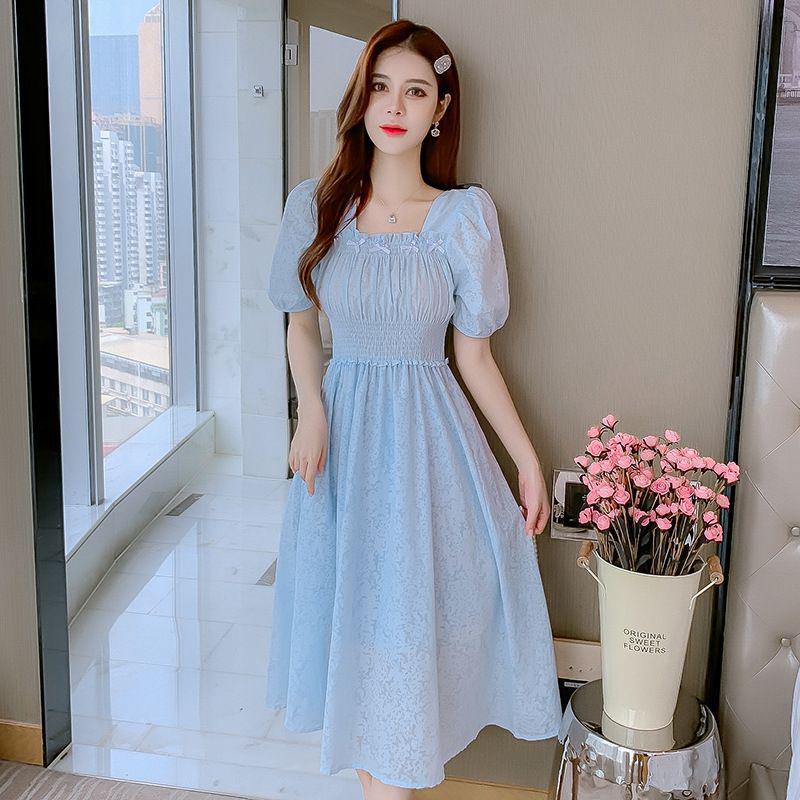 Elegant Square Neck Chiffon Midi Dress with Puff Sleeves M (80-100 lbs recommended)