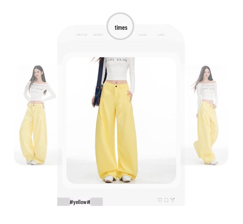 Women's American-Style Wide-Leg White Jeans: Autumn/Winter Pleated Casual Straight Floor-Length Pants