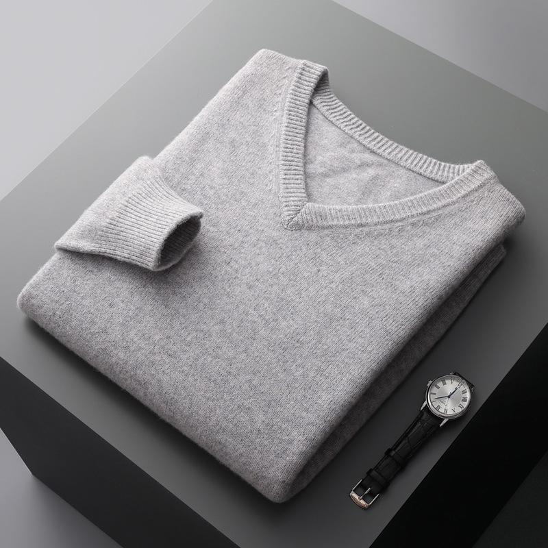 Men's Wool V-neck Sweater - Casual Loose Fit, Long Sleeve, Autumn/Winter Knitted Outerwear.