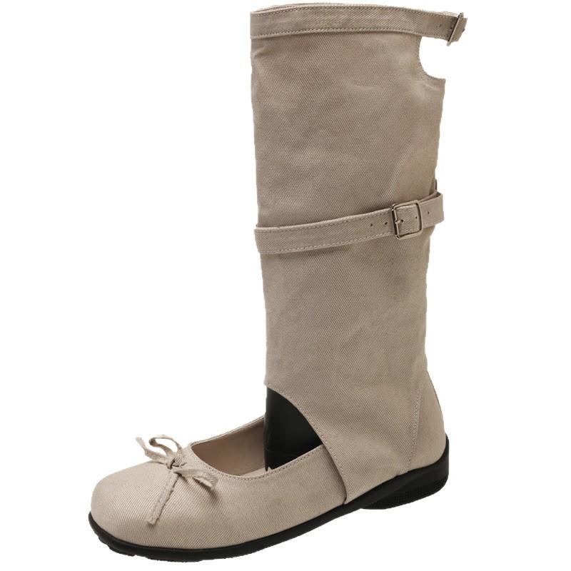 Cowhide Version~ Frosted Leather Pleated Stacking Boots 2025 Niche Ballet Style Bow Hollow Fashion Cool Boots