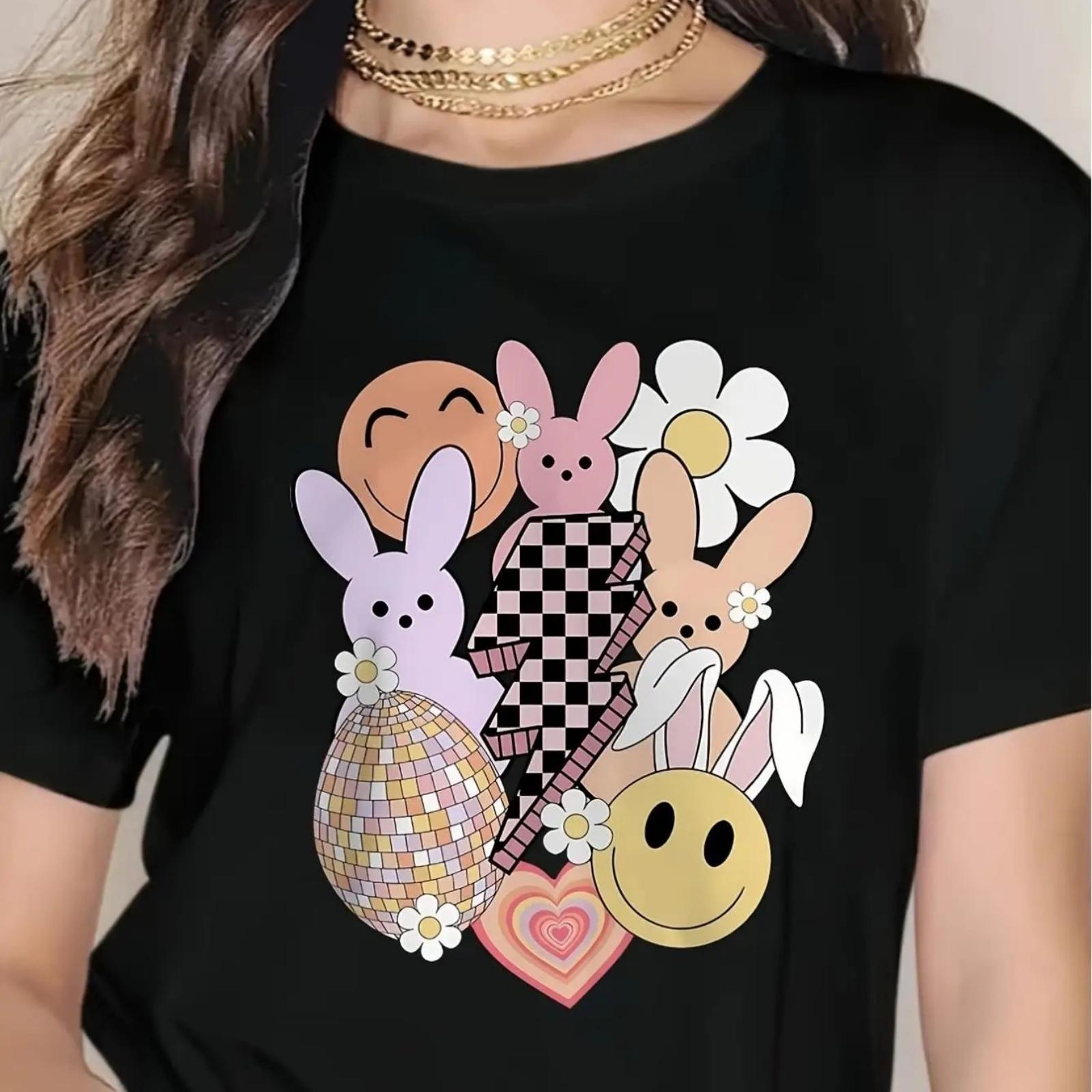 Women s Easter Bunny Graphic Tee - Casual Crew Neck, Short Sleeve Top for Spring Summer, Breathable Polyester, Print T-shirt, Cl S