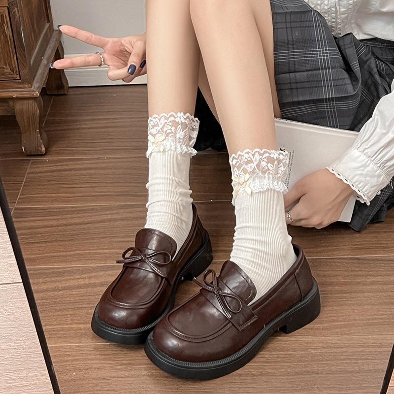 British small leather shoes autumn women's new women's platform tide with bow, shallow mouth one pedal single shoes