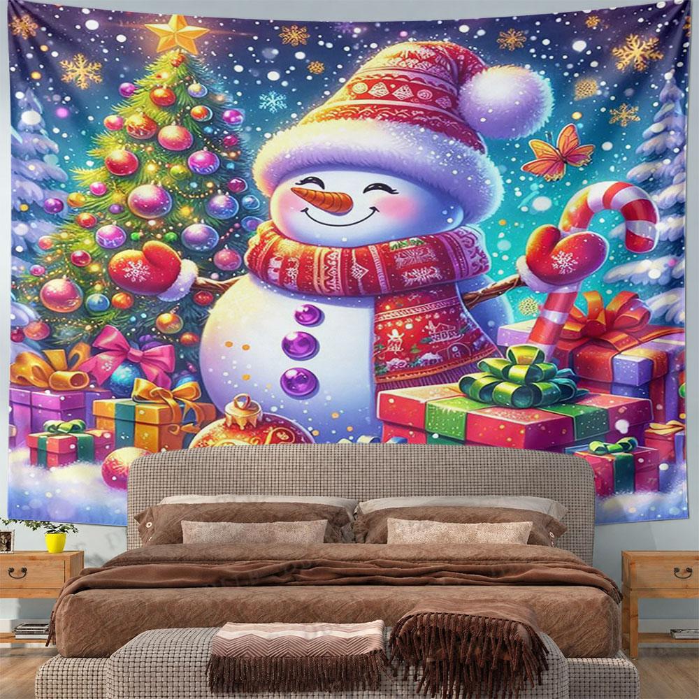 Festive Snowman with Christmas Gifts Pattern Wall Hanging Tapestry Decorative Tapestry Home Decor for Bedroom and Living Room
