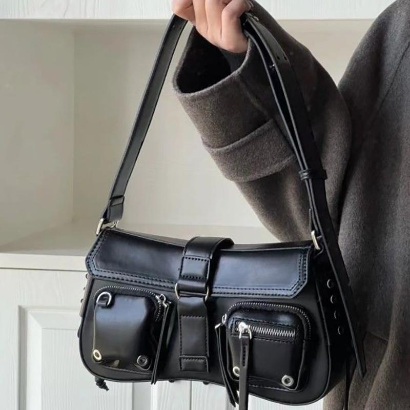 

Vintage Pu Leather Black Women s Shoulder Bags Fashi Design Ladies Gothic Underarm Bag Y2k Cool Girls Female Tote Handbags чёрный