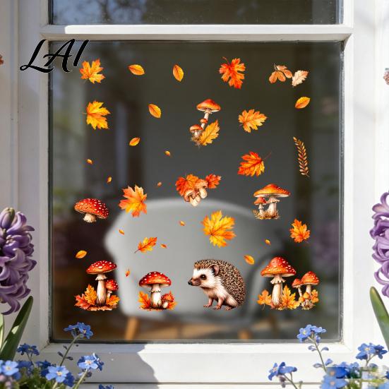 Static Window Film 2PCS Autumn Hedgehog Clings Fall Maple Leaf Mushroom Glass Stickers Clings No-Adhesive Decals for Home Store Coffee Shop