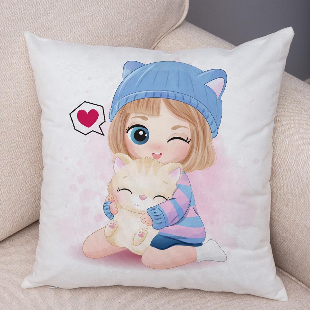 Children's Room Sofa Home Pillowcase Cute Cartoon Girl and Cat Pillowcase Decoration Cute Animal Cushion Cover