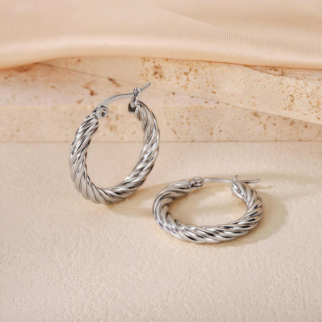 2025 Bestseller Twisted Pattern Hoop Earrings, Titanium Steel, European & American Style, Versatile Design.