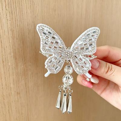 New Chinese Style Flash Diamond Butterfly Fringed Hairpin Female Retro High Sense Side Duck Bill Clip Temperament Ethnic Style Headdress
