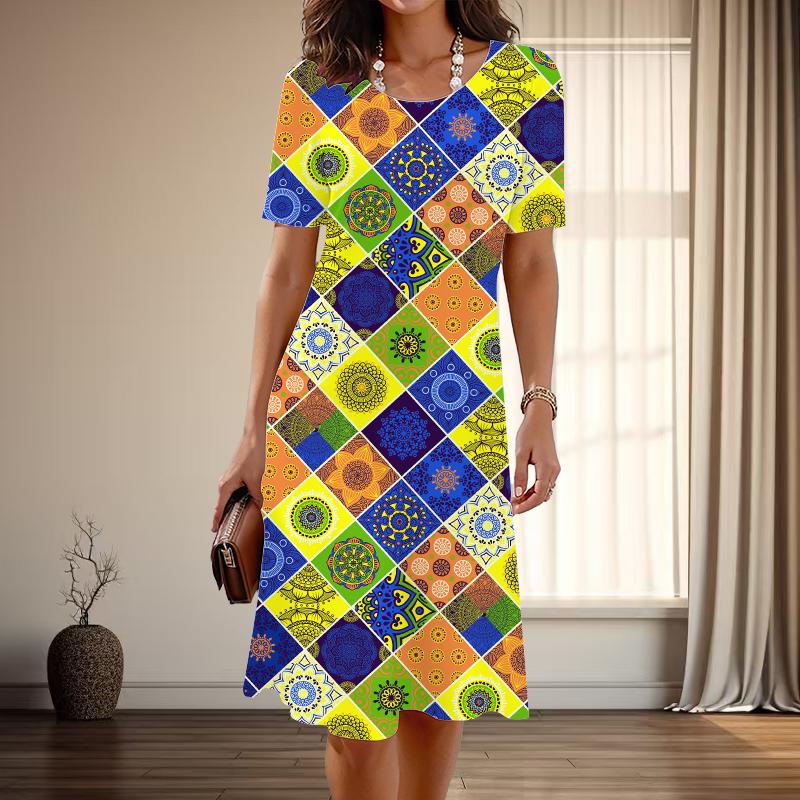 

Женская мода изящный ретро клетчатый узор с принтом лето весна короткий рукав О-образный вырез повседневные платья 8XL жёлтый